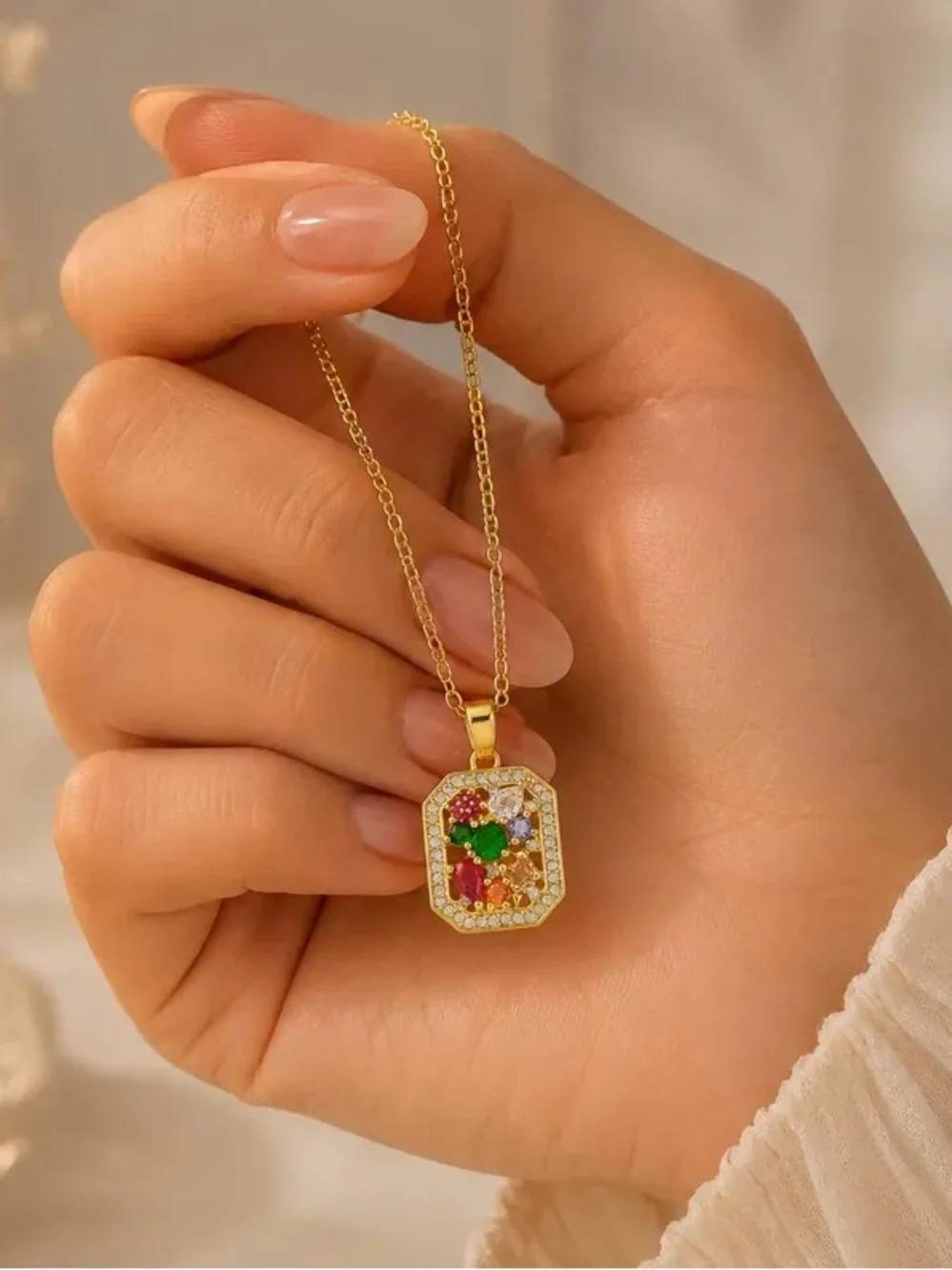 18K Gold Plated Colorful Zircon Necklace for Women, Rainbow Gemstone Pendant